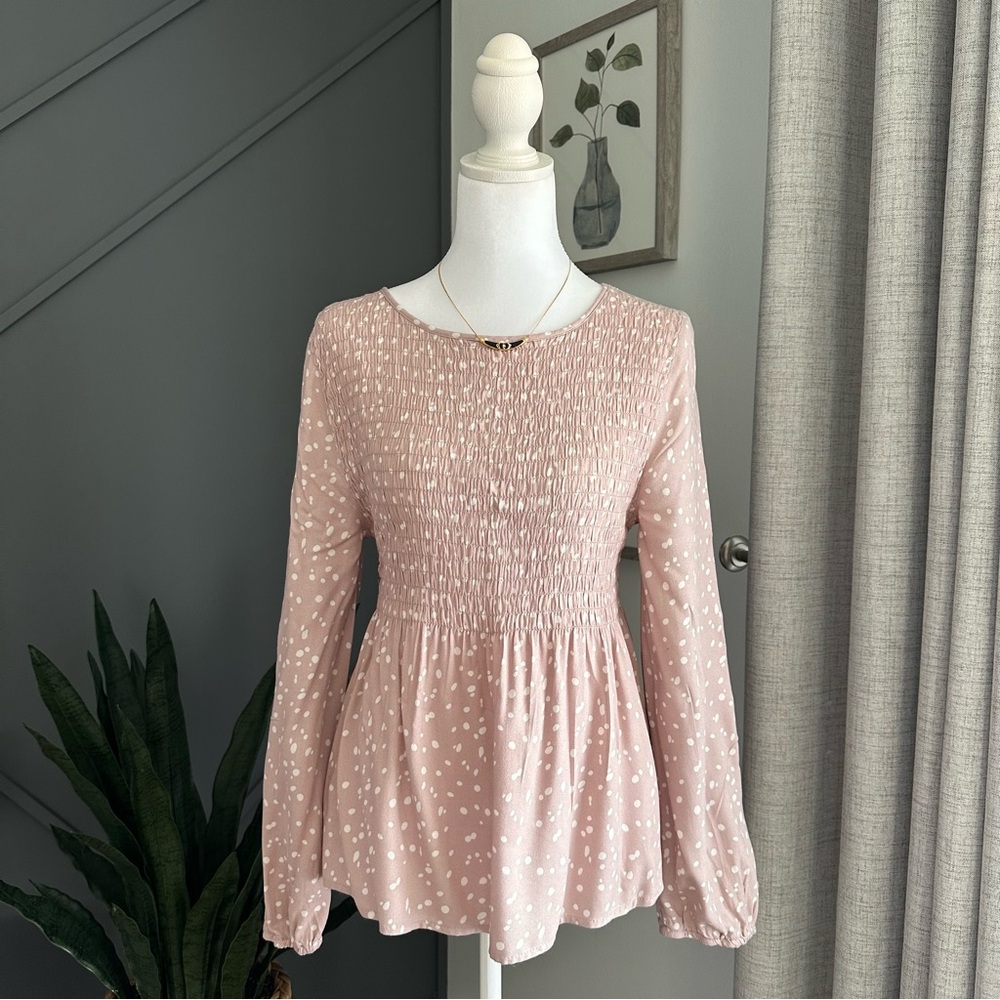 Urban Romantics Pastel Sage Pink Polka Dots Long Sleeve Size Medium
